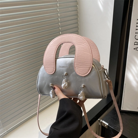 Borsa A Tracolla Argento Metallizzato Pelle PU Forma Conchiglia Manico Contrasto Ciondoli Künstliche Perle Per Donne