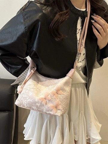 Dames Neo-Chinese Stijl Kant Emmer Schoudertas Met 3D Vlinder Decor Geborduurde Canvas Okseltas Casual Crossbody Portemonnee