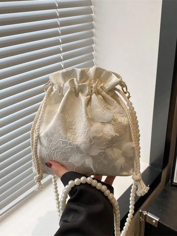 Women Bucket Bag Artificial Pearl Chain Strap Lace Butterfly Embroidery Drawstring Crossbody Bag Elegant Vintage Style Pouch