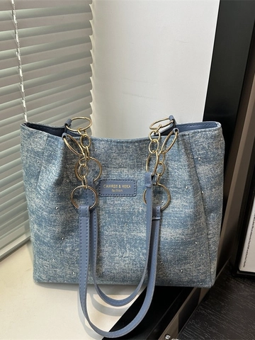 Vintage Denim Tote Bag Große Kapazität Mit Strass Verziert Schultertasche Mit Goldener Kette Für Damen Pendeln Handtasche