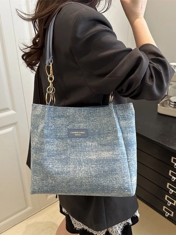Vintage Denim Tote Bag Große Kapazität Mit Strass Verziert Schultertasche Mit Goldener Kette Für Damen Pendeln Handtasche