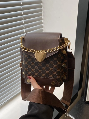 Piccola Borsa Tracolla In Pelle PU Stampa Vintage Quadrata Borsa Spalla Con Fibbia Metallo Cuore Catena Dorata Tracolla Larga Donna