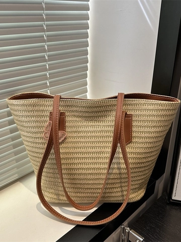 Large Capacity Straw Woven Tote Bag With Butterfly Decoration Leather Shoulder Strap Summer Beach Vacation Casual Handbag For Women