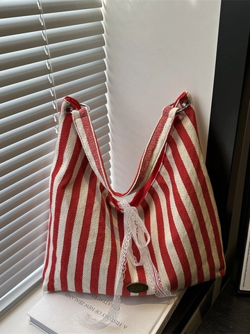 Borsa Tote In Tela A Righe Grande Capacità Con Fiocco In Pizzo E Targhetta In Metallo Vintage Borsa A Tracolla Da Donna