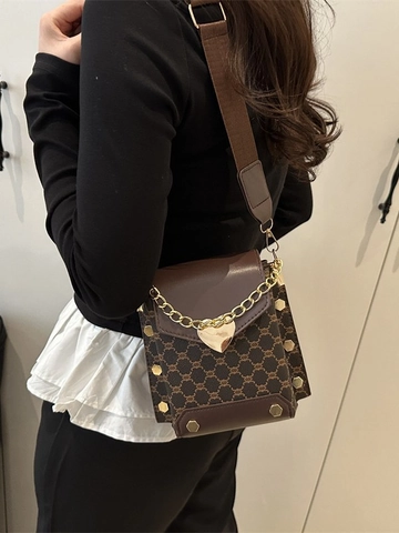 Piccola Borsa Tracolla In Pelle PU Stampa Vintage Quadrata Borsa Spalla Con Fibbia Metallo Cuore Catena Dorata Tracolla Larga Donna