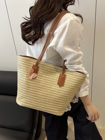 Large Capacity Straw Woven Tote Bag With Butterfly Decoration Leather Shoulder Strap Summer Beach Vacation Casual Handbag For Women
