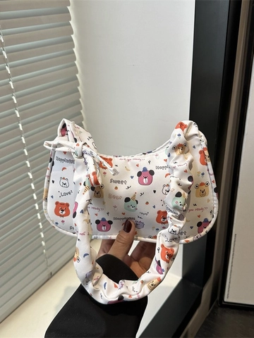 Simpatica Borsa Sottobraccio in Tela con Stampa Orso Koala per Donna Stile Coreano Dolce Manico Arricciato Piccola Borsa a Tracolla