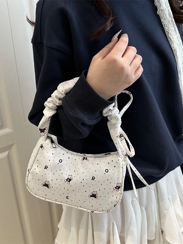 Simpatica Borsa Sottobraccio in Tela con Stampa Orso Koala per Donna Stile Coreano Dolce Manico Arricciato Piccola Borsa a Tracolla