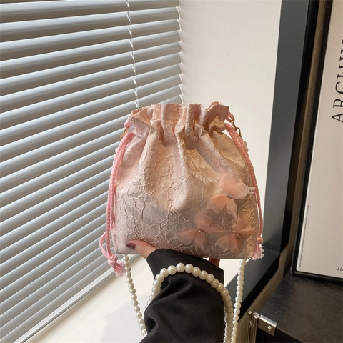 Sac Seau en Nylon avec Chaîne de Perles pour Femmes Papillon Jacquard Cordon Sac à Main Bandoulière Mode Décontractée