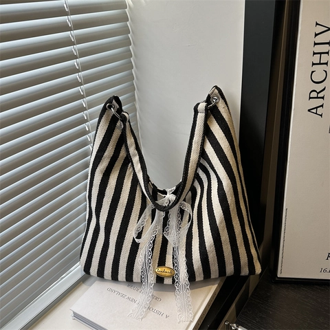 Damen Canvas Gestreifte Tragetasche Große Kapazität Schultertasche Mit Spitzenschleife Band Vintage Ästhetik Handtasche