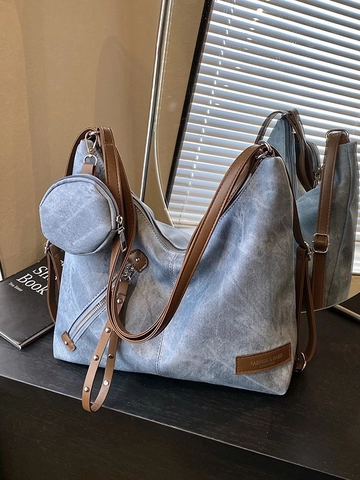 Grote Capaciteit PU Leren Tote Tas Voor Vrouwen Retro Gewassen Multifunctionele Schoudertas Met Ronde Portemonnee Bedeltje Rits Decoratie