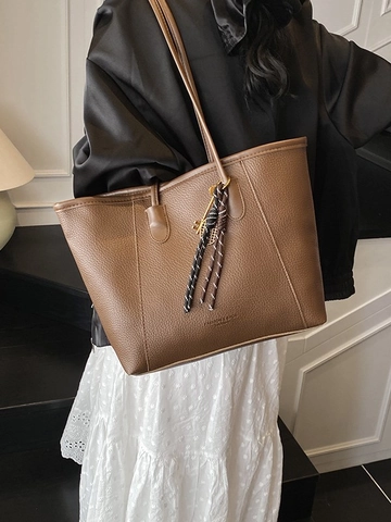 Borsa Tote da Donna a Grande Capacità in Pelle PU con Motivo Lychee Borsa a Tracolla Moda Semplice Ufficio Pendolare