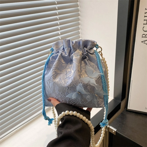 Butterfly Jacquard Bucket Bag Women Drawstring Pouch Artificial Pearl Strap Lace Polyester Elegant Sweet Shoulder Handbag Small