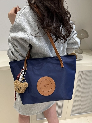 Minimalistische Nylon Grote Tote Bag Voor Dames Met PU Leren Handvaten Casual Color Block Schoudertas Voor Dagelijks Gebruik
