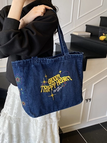Women American Vintage Denim Tote Bag Large Capacity Street Washed Shoulder Bag Yellow Letter Embroidery Shopping Handbag