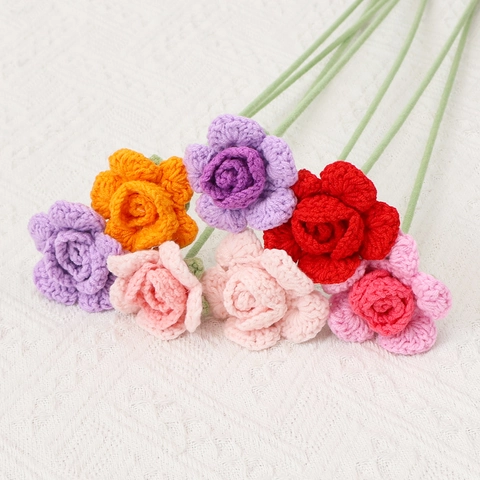 Handmade Crochet Rose Flower Knitted Yarn Artificial Floral For Home Decoration Valentine Day Gift