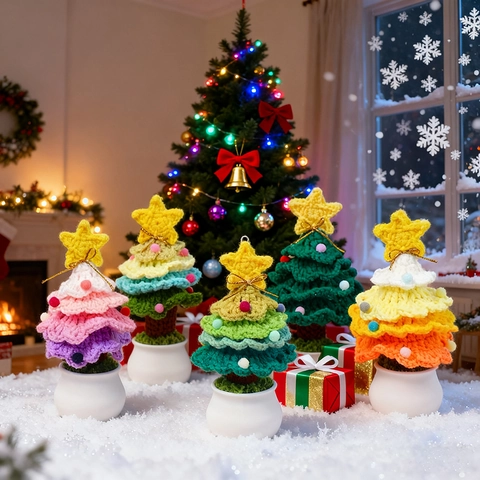 Handgefertigter Gehäkelter Weihnachtsbaum Topfpflanze Schreibtisch Ornament Mit Sternen Und Bunten Pompons Festliche Deko