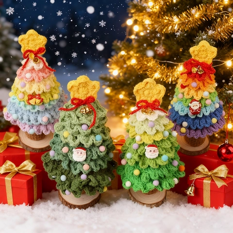 Ornement De Sapin De Noël Au Crochet Fait Main Décoration De Bureau En Fil Tricoté Miniature Avec Base En Bois Cadeau