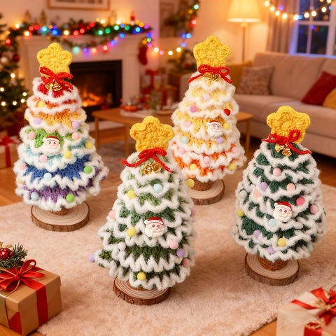 Árbol De Navidad Tejido A Ganchillo Adorno De Escritorio De Lana Con Base De Madera Decoración Papá Noel Pompón Estrella Mesa