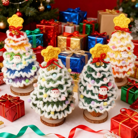 Árbol De Navidad Tejido A Ganchillo Adorno De Escritorio De Lana Con Base De Madera Decoración Papá Noel Pompón Estrella Mesa
