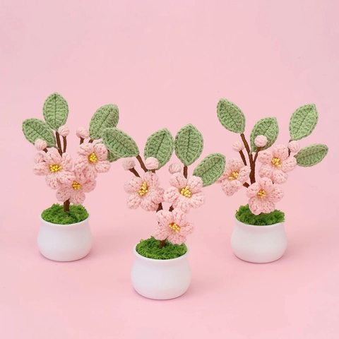 Handmade Crochet Peach Blossom Artificial Potted Plant Yarn Flowers For Home Office Desktop Decor