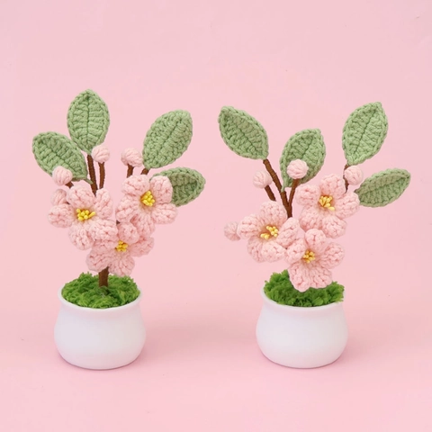 Handmade Crochet Peach Blossom Artificial Potted Plant Yarn Flowers For Home Office Desktop Decor