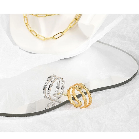 Unregelmäßiger Doppellinien Ring Kupfer Verstellbar Lava Textur Retro Mode Damen Schmuck