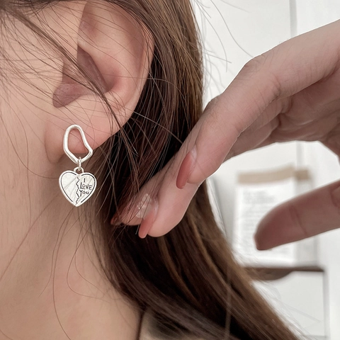 Orecchini Asimmetrici Cuore Rame Con Perno In Argento 925 Incisione I Love You Geometrici Per Donne