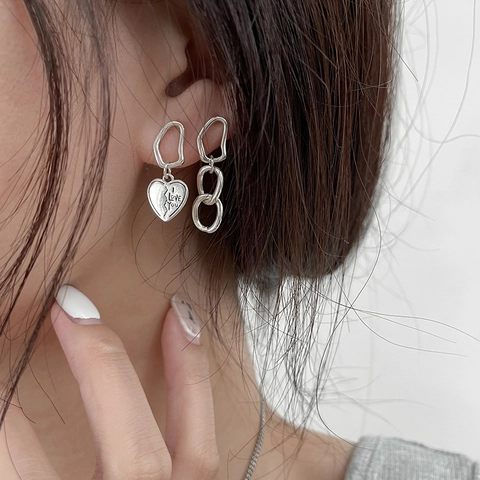 Orecchini Asimmetrici Cuore Rame Con Perno In Argento 925 Incisione I Love You Geometrici Per Donne