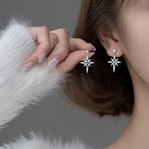 Pendientes De Boton De Estrella De Ocho Puntas Zircon Azul Cobre Con Poste De Plata 925 Joyeria Geometrica Elegante Mujer
