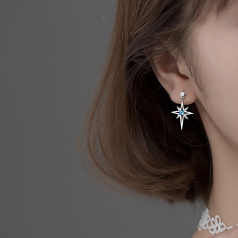 Pendientes De Boton De Estrella De Ocho Puntas Zircon Azul Cobre Con Poste De Plata 925 Joyeria Geometrica Elegante Mujer