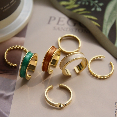 Adjustable Wide Enamel Ring Copper Jewelry For Women Vintage Minimalist Aesthetic Finger Accessories Korean Style