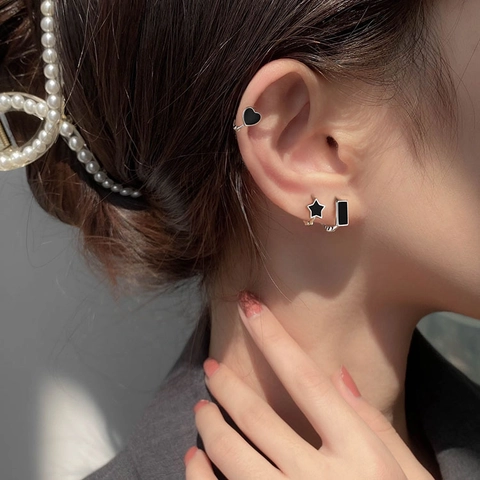 Retro Geometric Heart Star Square Hoop Earrings With 925 Sterling Silver Earring Post Black Enamel Korean Style Women