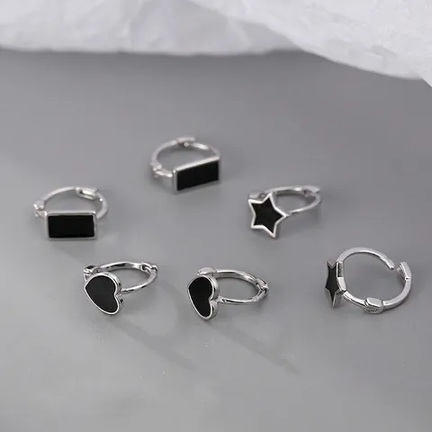 Retro Geometric Heart Star Square Hoop Earrings With 925 Sterling Silver Earring Post Black Enamel Korean Style Women