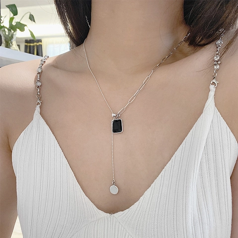 Collana A Catena Asimmetrica Ciondolo In Zirconia Nera Quadrata Rame Placcato Argento Forma A Y Nappa Regolabile Gioielli Geometrici