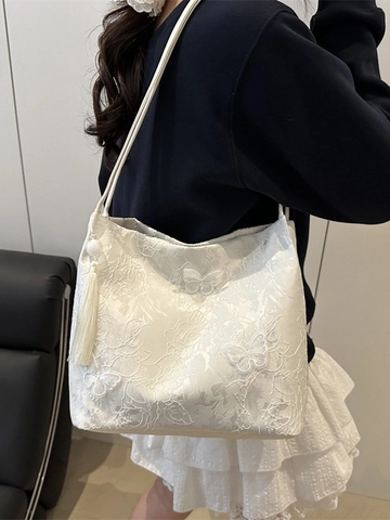Women Large Capacity Tote Bag Lace Jacquard Butterfly Embroidery Korean Sweet Romantic Shoulder Bag With Tassel Charm