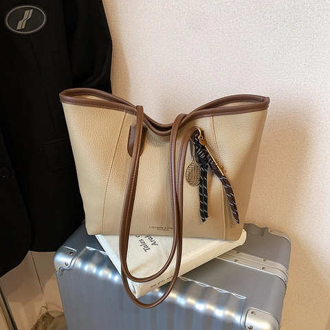 Vintage PU Leather Tote Bag For Women Large Capacity Litchi Pattern Shoulder Bag Solid Color Commuter Handbag Elegant Work Bag