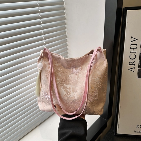 Bolso Tote de Encaje con Bordado de Mariposa para Mujer Bolso de Hombro de Moda de Verano con Borla Bolso Grande Elegante y Versátil