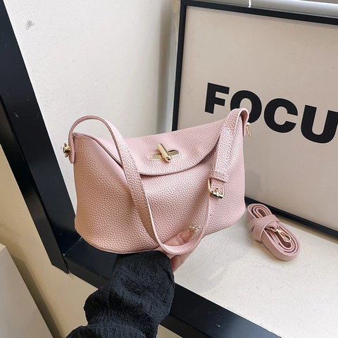 Sac À Bandoulière Femme Cuir PU Motif Litchi Style Lindy Sac À Main Fermoir Rotatif Doré Élégant Quotidien