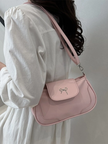 Damen PU Leder Unterarmtasche Modische Silberne Metallschleife Schulter Umhängetasche Elegante Einfarbige Pendler Handtasche