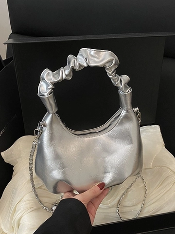 Women PU Leather Pleated Handle Handbag Metallic Finish Artificial Pearl Bow Heart Pendant Chain Crossbody Shoulder Bag