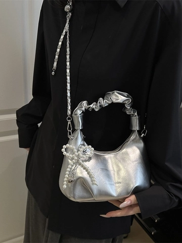Women PU Leather Pleated Handle Handbag Metallic Finish Artificial Pearl Bow Heart Pendant Chain Crossbody Shoulder Bag