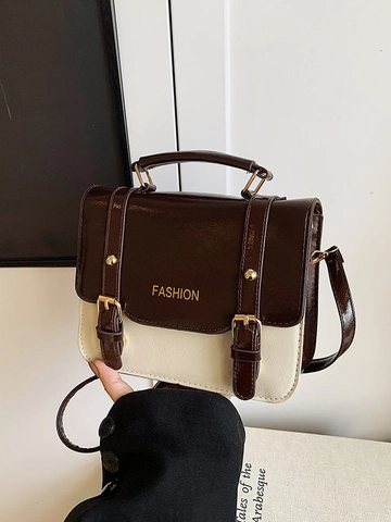 Vintage PU Leather Colorblock Small Square Handbag For Women Fashion Contrast Color Crossbody Bag Golden Hardware Retro Bag