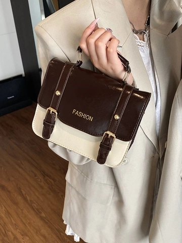 Vintage PU Leather Colorblock Small Square Handbag For Women Fashion Contrast Color Crossbody Bag Golden Hardware Retro Bag