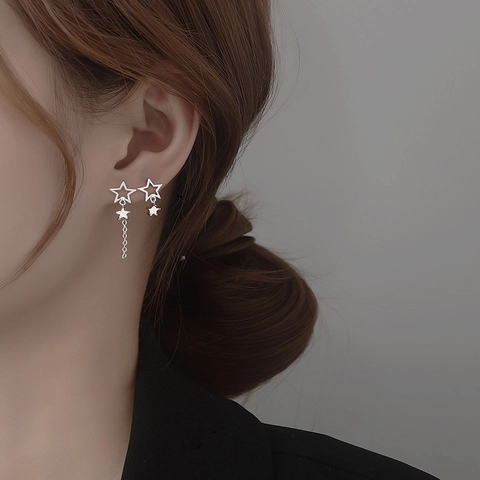 Asymmetric Star Stud Earrings With 925 Sterling Silver Earring Post Copper Cubic Zirconia Long Tassel Chain Dangle For Women