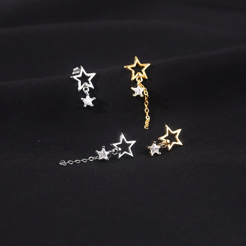 Asymmetric Star Stud Earrings With 925 Sterling Silver Earring Post Copper Cubic Zirconia Long Tassel Chain Dangle For Women