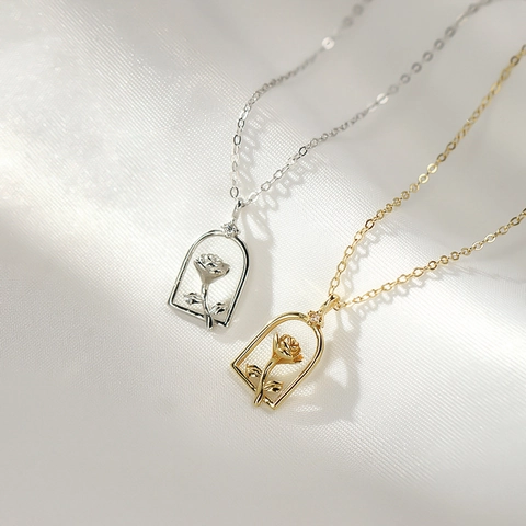 Roos Bloem Hanger Ketting Koper Stolp Ontwerp Met Zirconia Accent Franse Stijl Voor Dames
