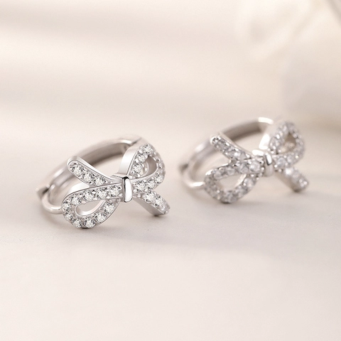 Bow Knot Huggie Earrings Copper Cubic Zirconia With 925 Sterling Silver Earring Post Sweet Style Jewelry For Women