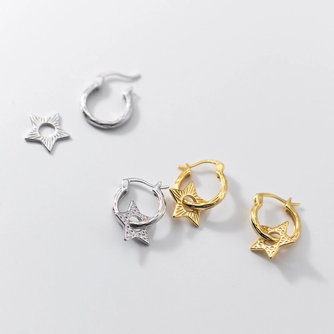 Orecchini A Cerchio A Stella In Rame Con Perno In Argento Sterling 925 Pendente Pentagramma Cavo Gioielli Geometrici Donna