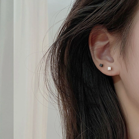 Geometric Cube Stud Earrings Copper Minimalist Brushed Jewelry For Women With 925 Sterling Silver Earring Post
